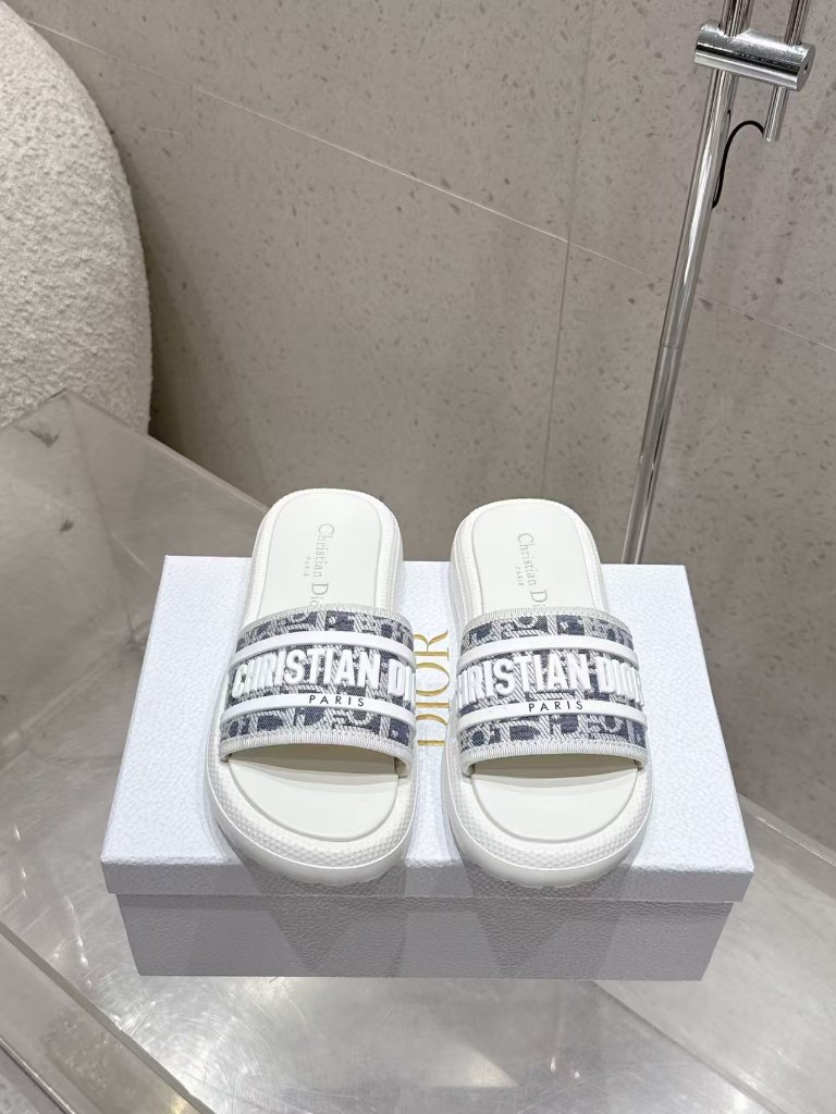 Dior Oblique Embroidered Logo Slide Sandals White Platform Slip On Flat Shoes
